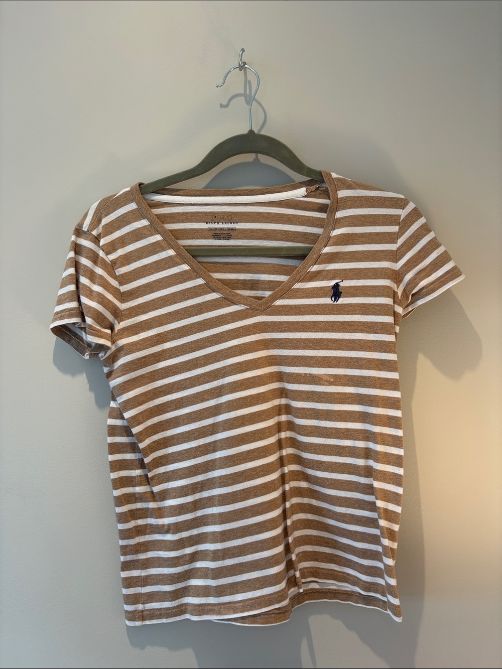 Ralph Lauren Brown and White Striped V‑Neck Tee
